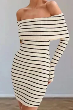 Stripe Print Knit Wrap Off Shoulder Dress