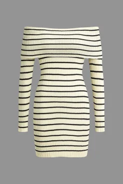 Stripe Print Knit Wrap Off Shoulder Dress
