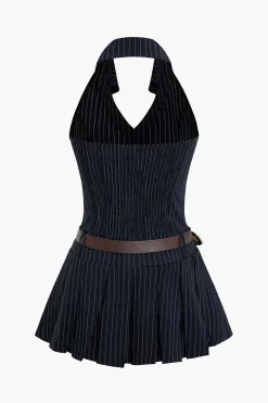 Stripe Print Pleated Belted Mini Dress