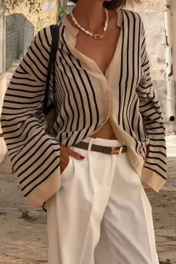 Stripe Print Satin Long-Sleeve Shirt