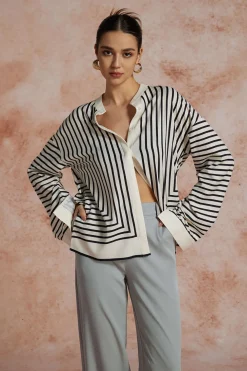Stripe Print Satin Long-Sleeve Shirt
