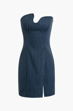 Stripe Print V-Shaped Slit Asymmetrical Strapless Mini Dress