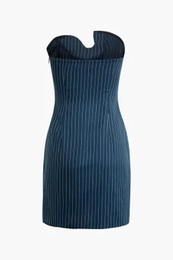 Stripe Print V-Shaped Slit Asymmetrical Strapless Mini Dress