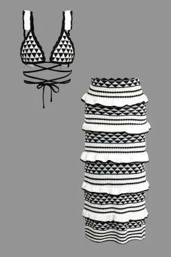 Stripe Tie Bra Top And Tiered Ruffle Knit Midi Skirt Set