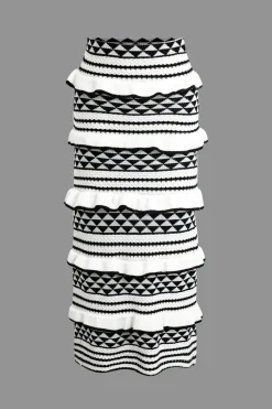 Stripe Tie Bra Top And Tiered Ruffle Knit Midi Skirt Set