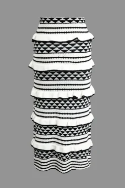 Stripe Tie Bra Top And Tiered Ruffle Knit Midi Skirt Set
