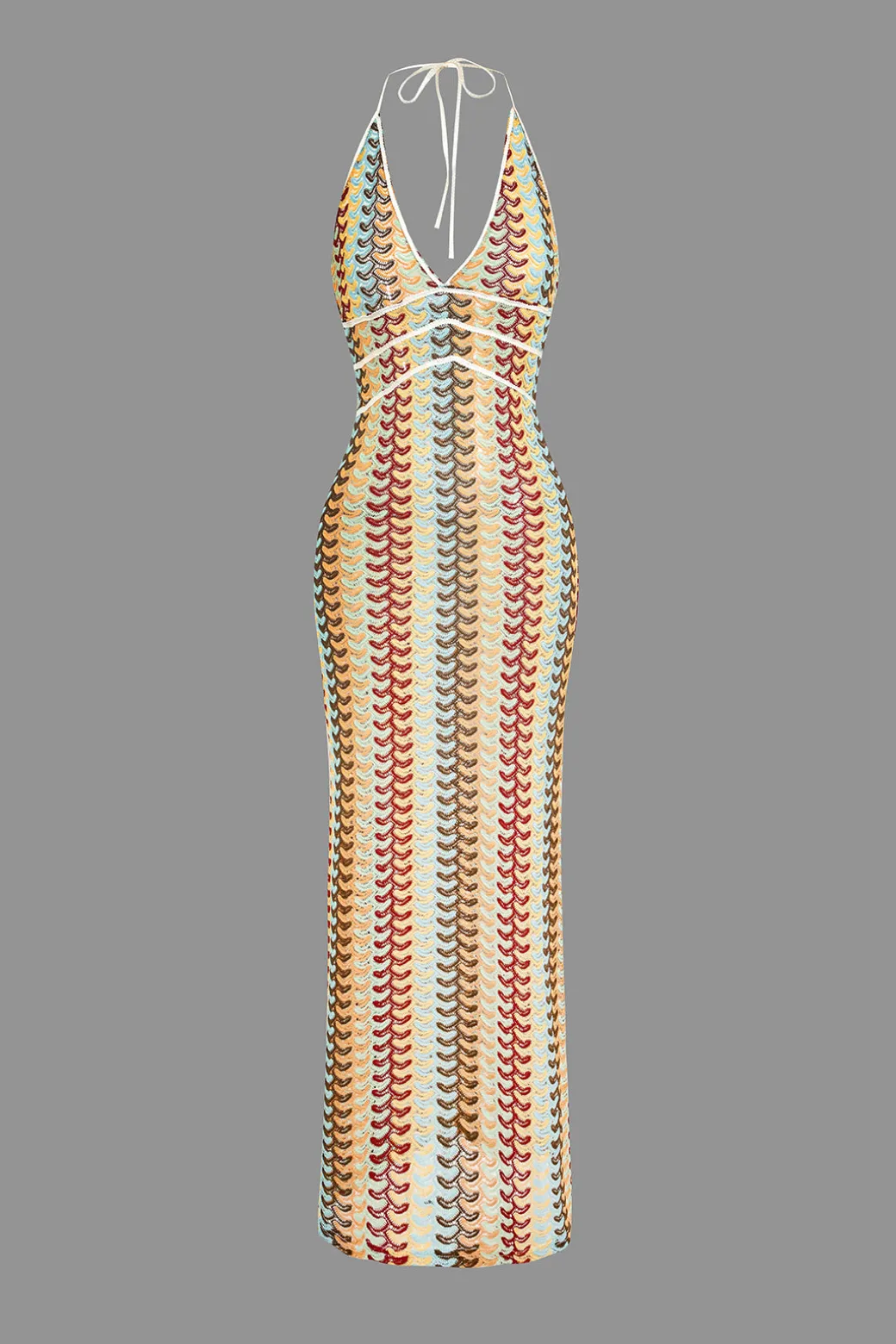 Striped Crochet Halter V-neck Backless Slip Maxi Dress