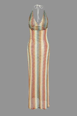Striped Crochet Halter V-neck Backless Slip Maxi Dress