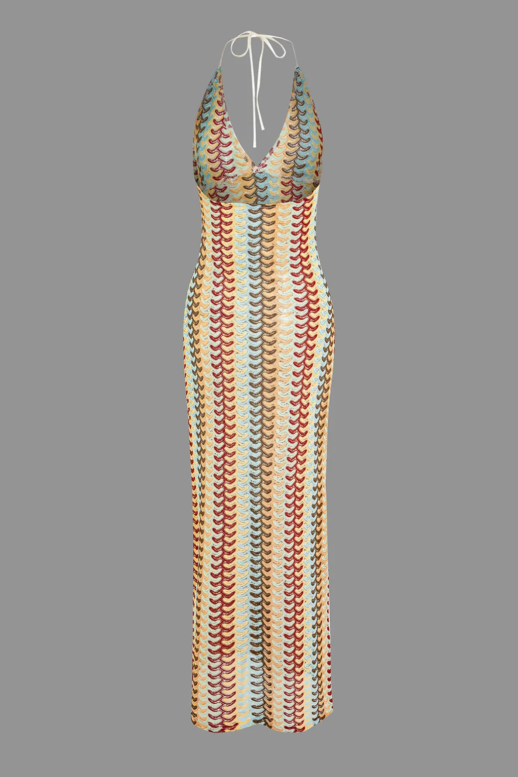 Striped Crochet Halter V-neck Backless Slip Maxi Dress