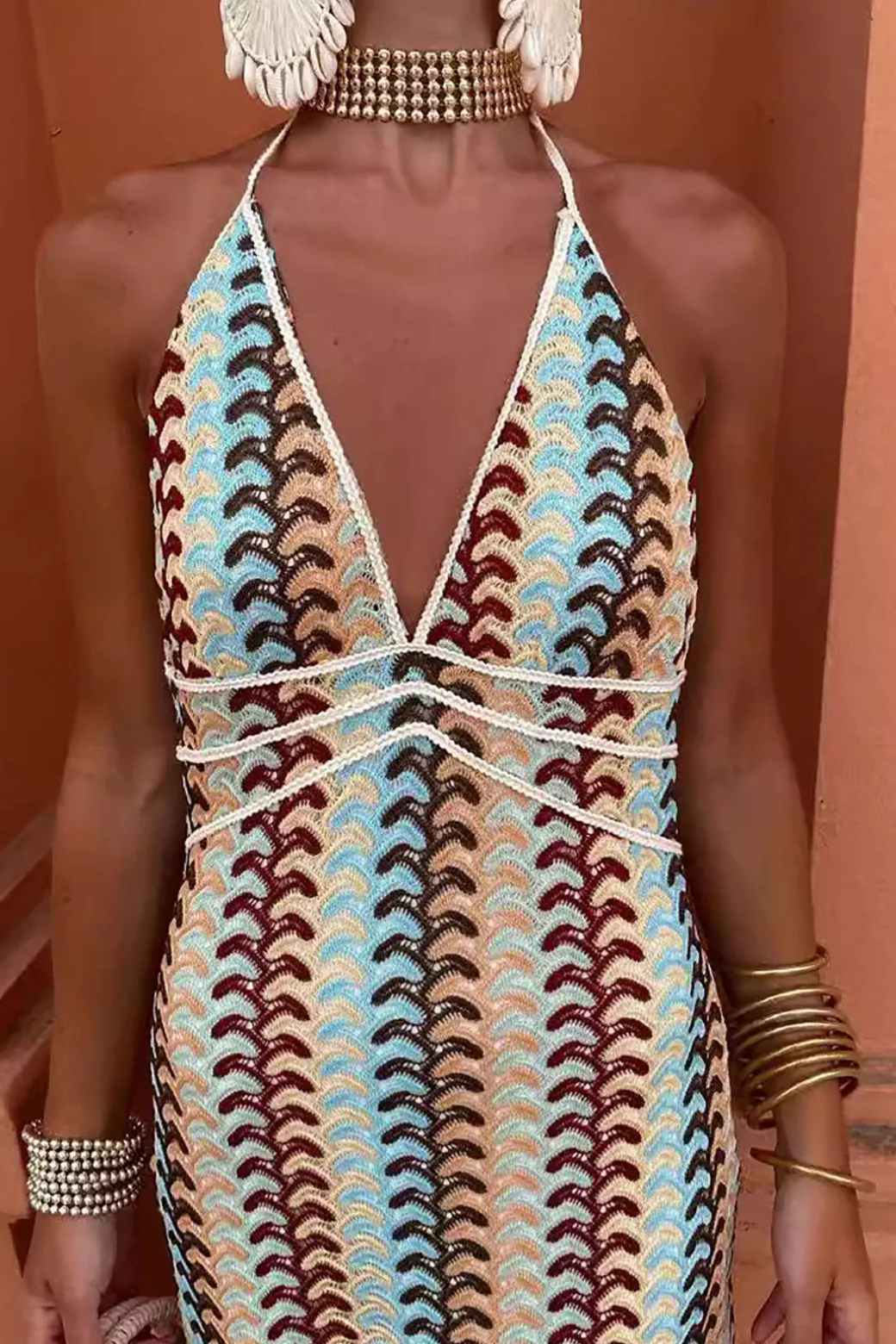 Striped Crochet Halter V-neck Backless Slip Maxi Dress