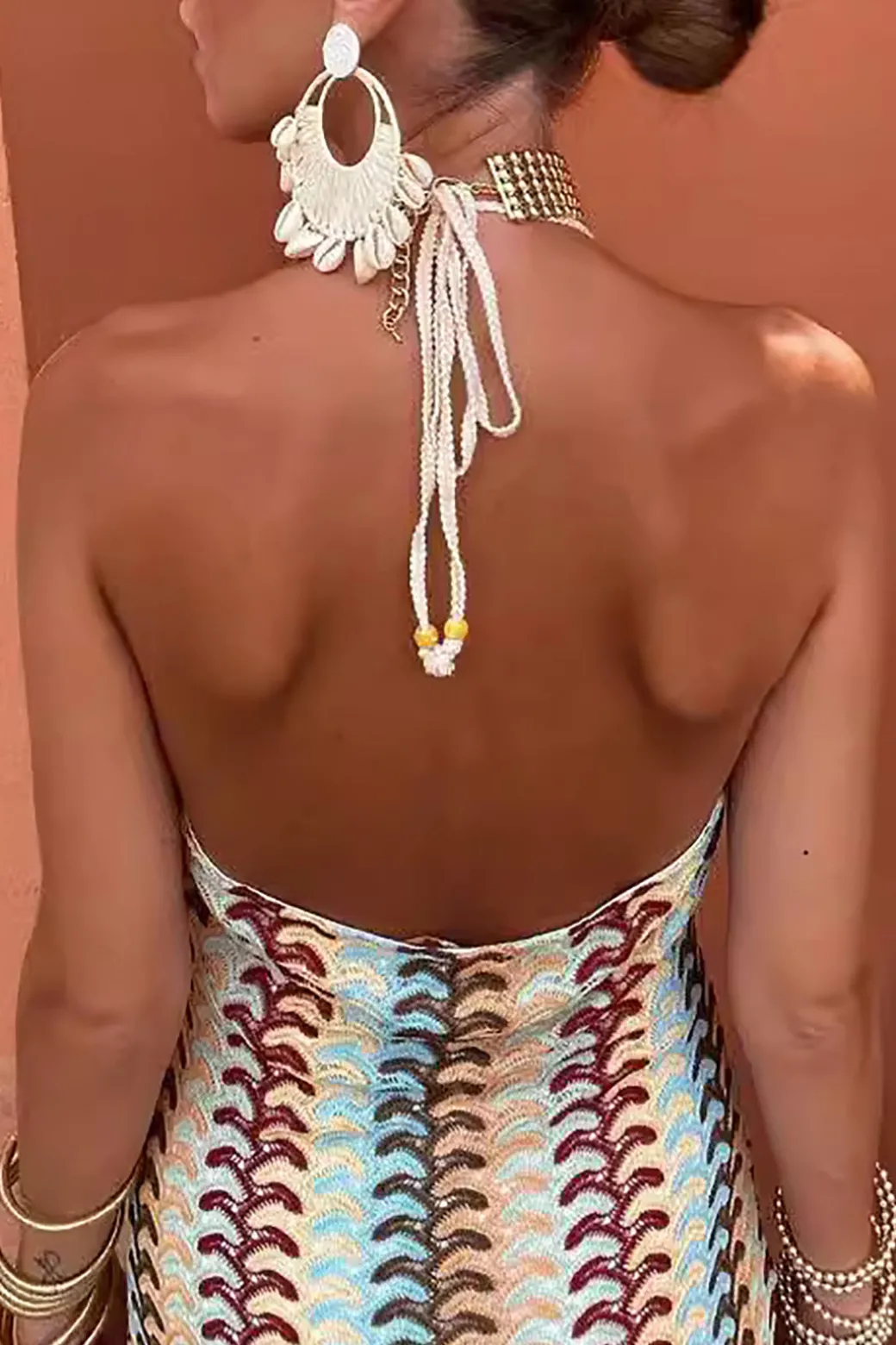 Striped Crochet Halter V-neck Backless Slip Maxi Dress