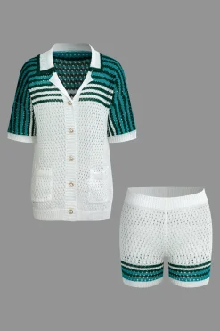 Striped Crochet Knit Cardigan and Shorts Set