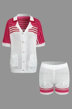 Striped Crochet Knit Cardigan and Shorts Set