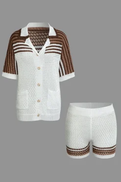 Striped Crochet Knit Cardigan and Shorts Set