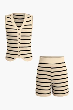 Striped Knit Sleeveless Vest And Shorts Set