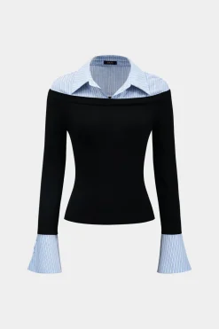 Stripes Print Patchwork Long-Sleeve Top