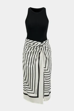Stripes Print Patchwork Sleeveless Midi Dress