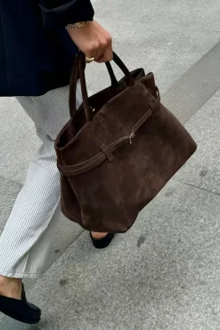 Suede Tote Bag With Buckle Detail