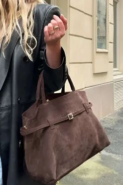 Suede Tote Bag With Buckle Detail