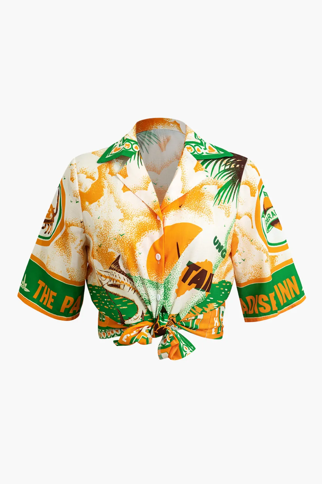 Summer Beach Print Tie-Front Shirt And Shorts Set