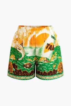Summer Beach Print Tie-Front Shirt And Shorts Set