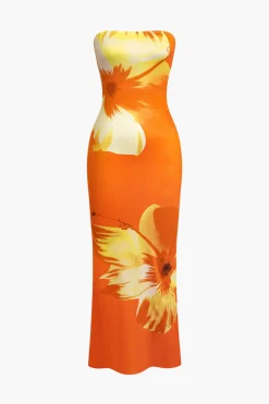 Sunny Floral Cascade Strapless Midi Dress