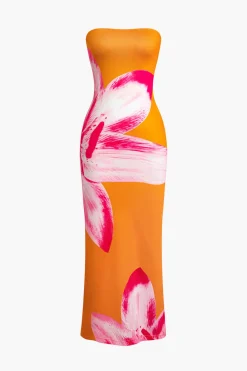 Sunny Floral Cascade Strapless Midi Dress