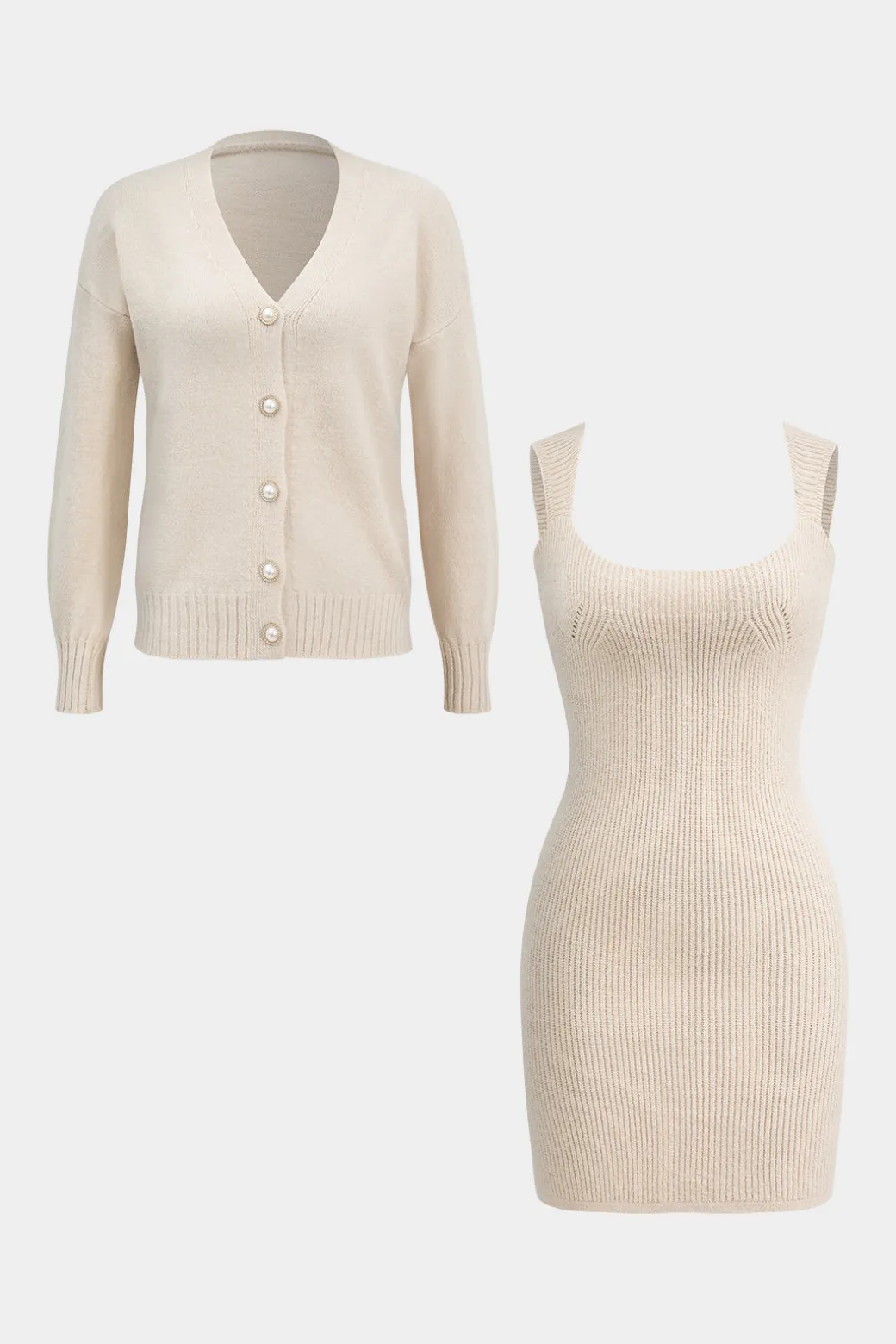 Sweater Button Long-Sleeve Cardigan And Mini Dress Set