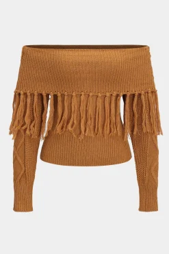 Sweater Fringe Off-Shoulder Top