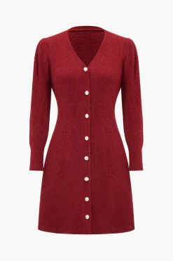 Sweater Long Sleeve Button V-Neck Dress