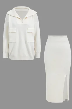 Sweater Pocket Zipper Top And Slit Skirt Set