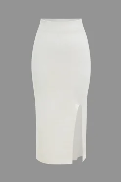 Sweater Pocket Zipper Top And Slit Skirt Set