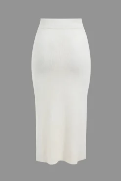 Sweater Pocket Zipper Top And Slit Skirt Set