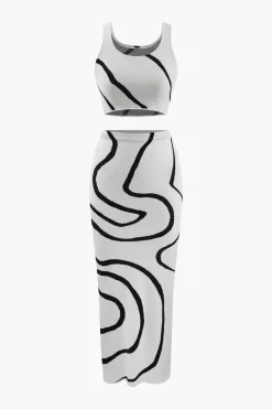 Swirl Stripe Knit Tank Top And Midi Skirt Set