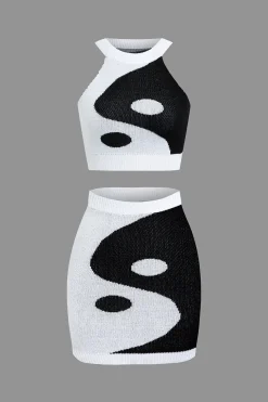 Tai Chi Print Contrast Crop Knit Top And Mini Skirt Set