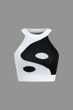Tai Chi Print Contrast Crop Knit Top And Mini Skirt Set