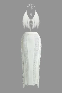 Tassel Tie Halter Knit Bra Top And Distressed Ladder Maxi Skirt Set