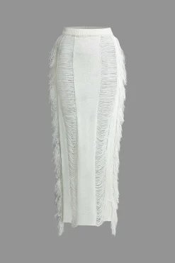Tassel Tie Halter Knit Bra Top And Distressed Ladder Maxi Skirt Set