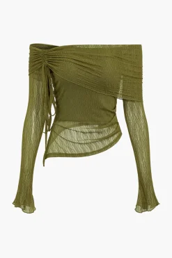 Texture Off Shoulder Asymmetrical Tie Mesh Top