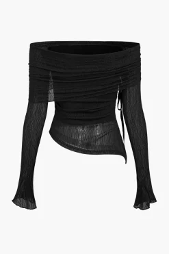 Texture Off Shoulder Asymmetrical Tie Mesh Top