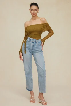 Texture Off Shoulder Asymmetrical Tie Mesh Top