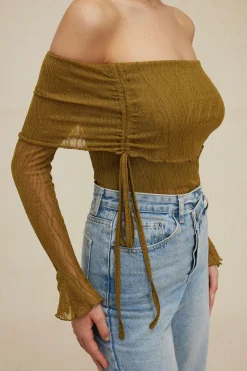 Texture Off Shoulder Asymmetrical Tie Mesh Top