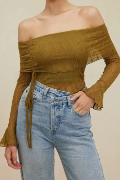 Texture Off Shoulder Asymmetrical Tie Mesh Top
