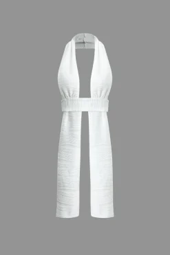 Textured Backless Halter V-Neck Shorts Set