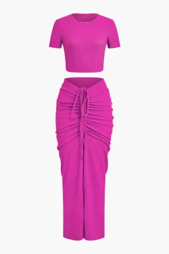 Textured Crop Top And Drawstring Ruched Skirt Set