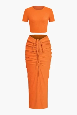 Textured Crop Top And Drawstring Ruched Skirt Set