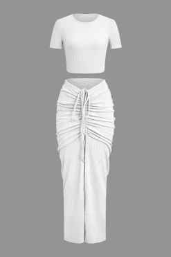 Textured Crop Top And Drawstring Ruched Skirt Set