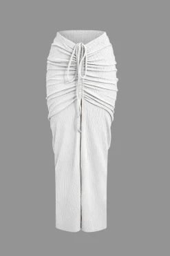 Textured Crop Top And Drawstring Ruched Skirt Set