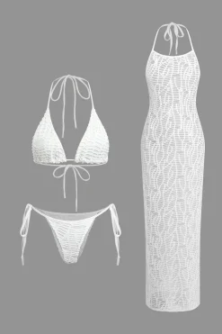 Textured Halter Neck Bikini And Open Knit Cover Up Set
