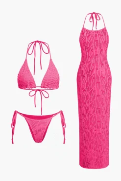 Textured Halter Neck Bikini And Open Knit Cover Up Set